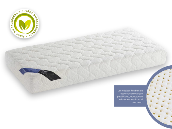 Colchón para cama articulada con núcleo flexible Conforsuit de lata densidad perfilado y 5cm de viscoelástica perforada conectada a amplios canales de ventilación para una mayor flexibilidad y comodidad, así como una alta transpiración.